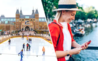 Rijksmuseum ice rink and woman using smartphone by Amsterdam canal.