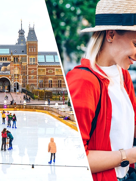 Rijksmuseum ice rink and woman using smartphone by Amsterdam canal.