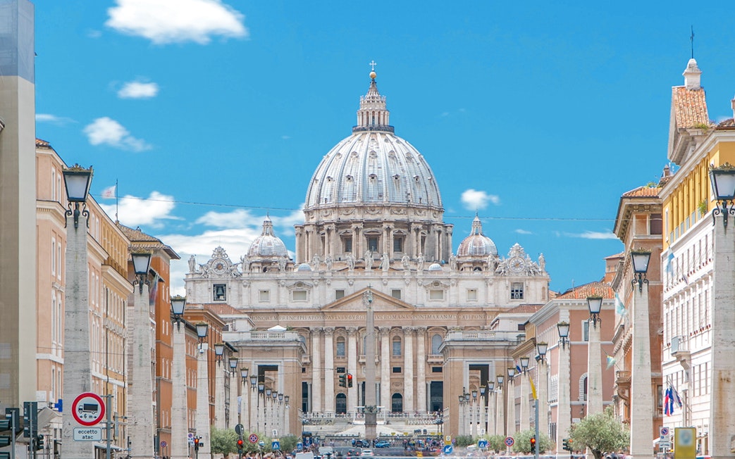 St. Peter's Basilica viewed from Via della Conciliazione in Vatican City.