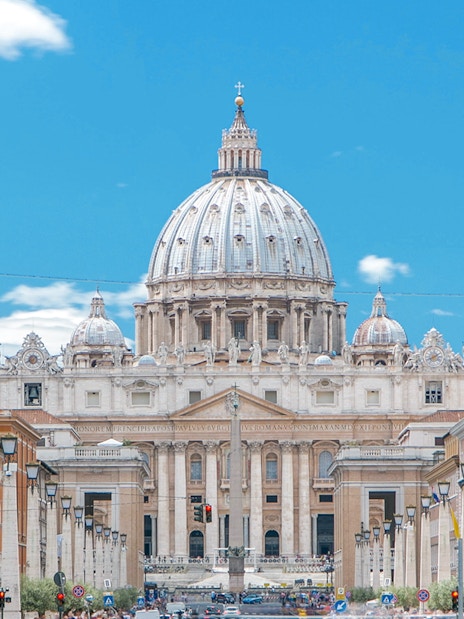 St. Peter's Basilica viewed from Via della Conciliazione in Vatican City.