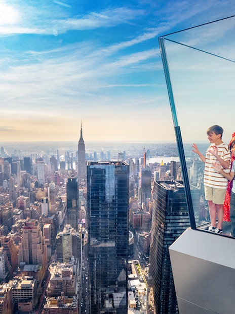 Family enjoying New York City skyline from Edge Observation Deck.