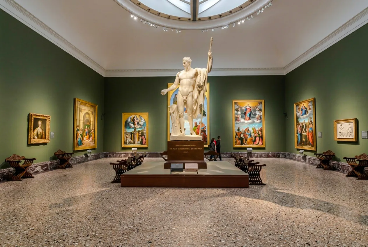 Statue and paintings in Brera Gallery, Milan.
