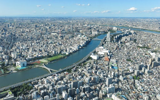 Aerial view of Tokyo cityscape from Tembo Deck and Tembo Galleria, showcasing river and urban landscape.