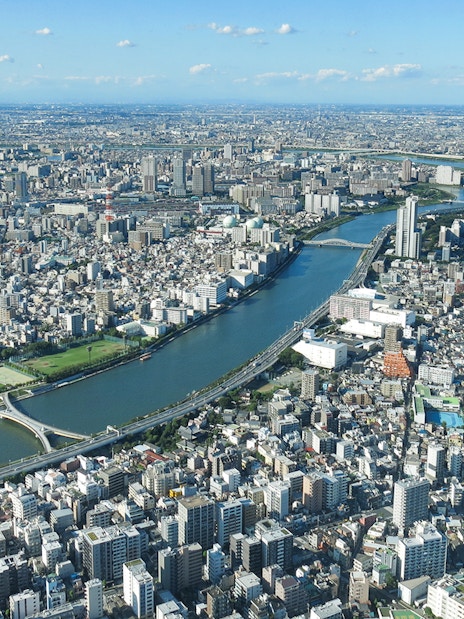 Aerial view of Tokyo cityscape from Tembo Deck and Tembo Galleria, showcasing river and urban landscape.
