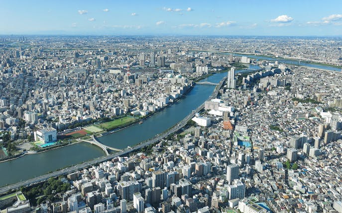 Aerial view of Tokyo cityscape from Tembo Deck and Tembo Galleria, showcasing river and urban landscape.