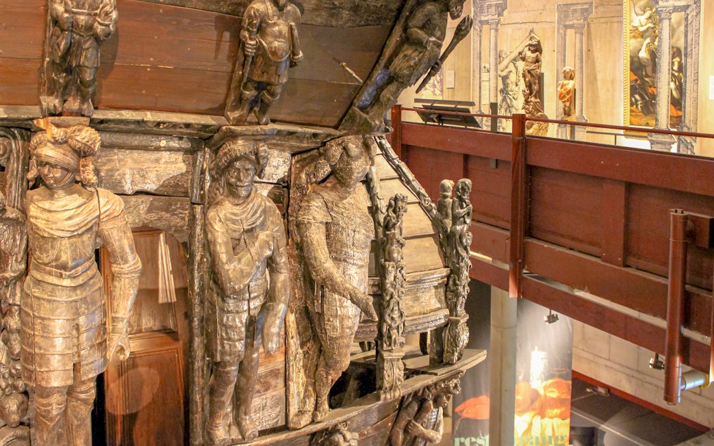 Carvings on the ship at Vasa Museum, Stockholm, Sweden, depicting historical figures.
