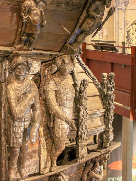 Carvings on the ship at Vasa Museum, Stockholm, Sweden, depicting historical figures.