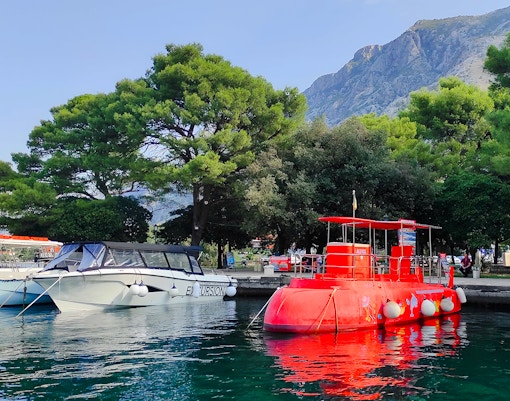 Docked semi-submarine in Boka Bay, Kotor, offering underwater views of marine life.