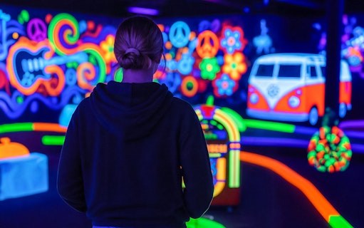 Person playing at Rock of Ages Blacklight Minigolf with neon 60s-themed decor.