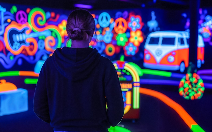 Person playing at Rock of Ages Blacklight Minigolf with neon 60s-themed decor.