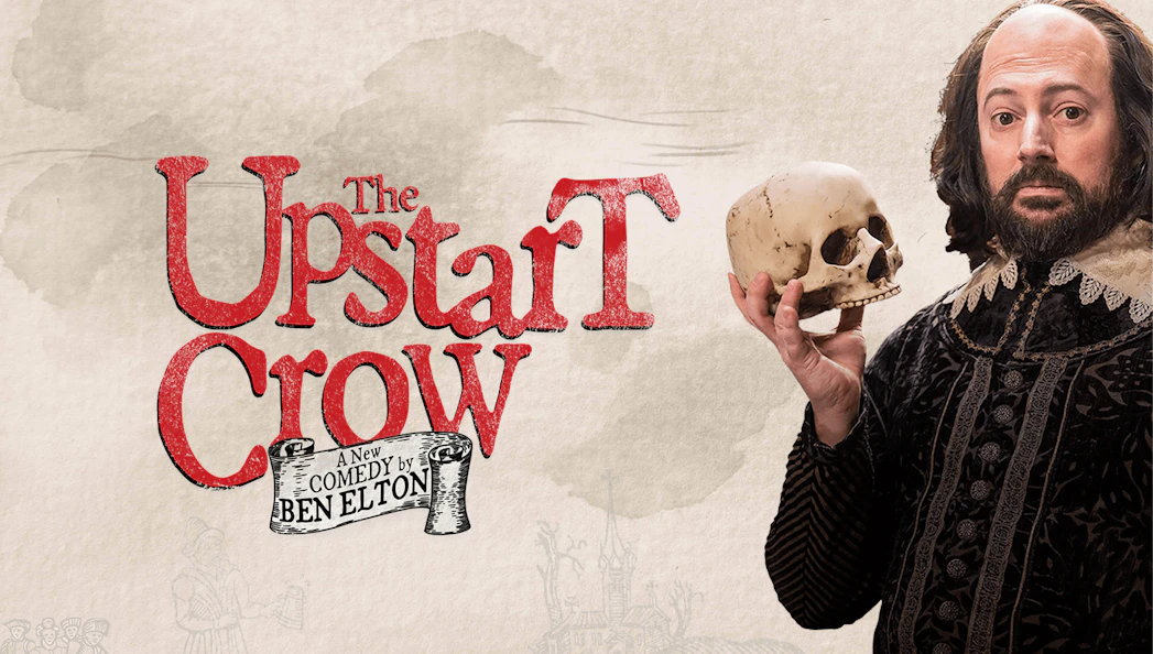 The Upstart Crow comedy poster with a man holding a skull.