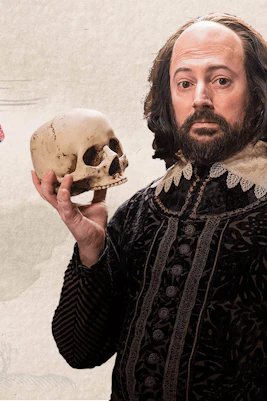 The Upstart Crow comedy poster with a man holding a skull.