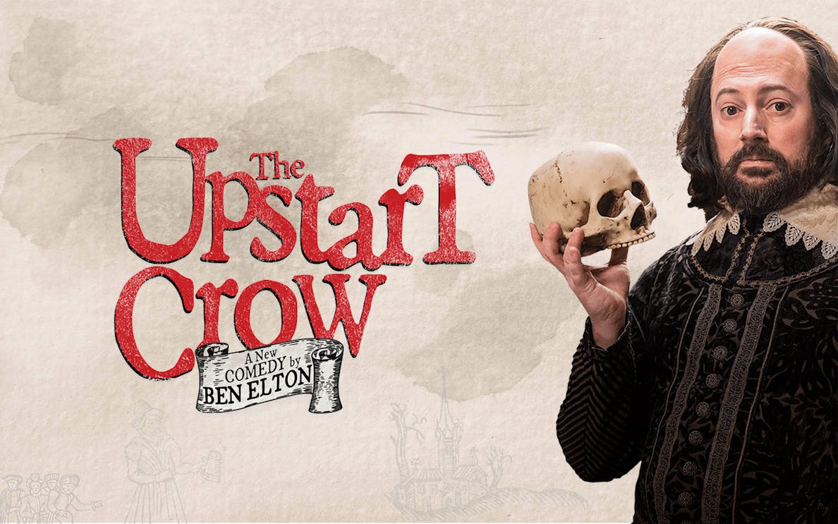 The Upstart Crow comedy poster with a man holding a skull.