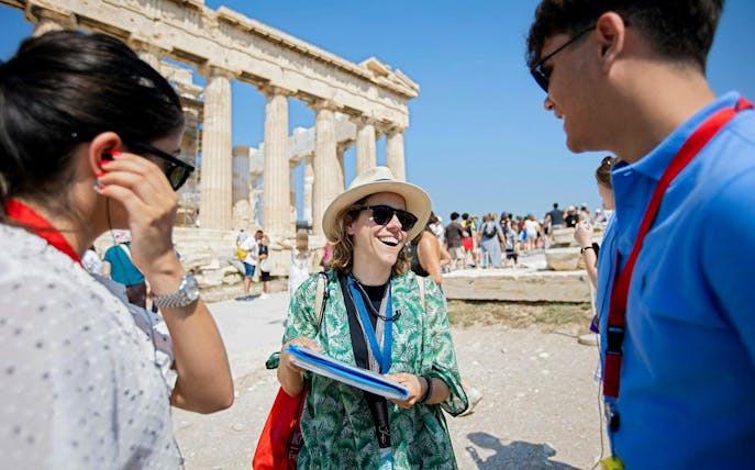 Tour group at the Parthenon during a guided tour of the Acropolis in Athens.
