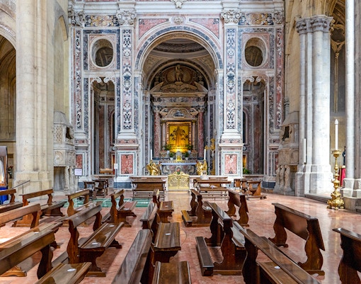 San Lorenzo Maggiore interior with frescoes in Naples, Italy.