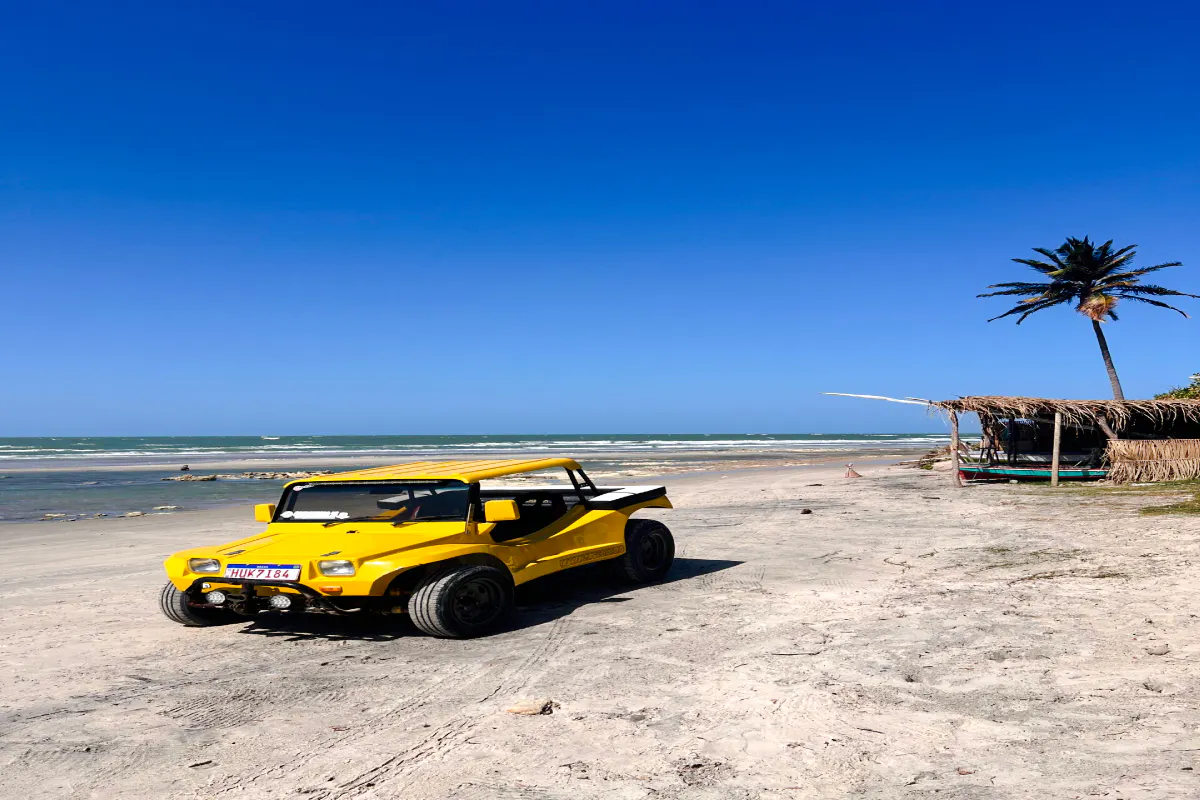 Yellow dune buggy on Pontal de Maceió beach, Fortim, with palm tree and ocean view.