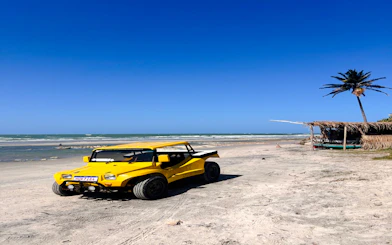 Yellow dune buggy on Pontal de Maceió beach, Fortim, with palm tree and ocean view.