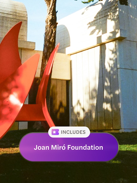 Red sculpture outside Joan Miró Foundation building in Barcelona.