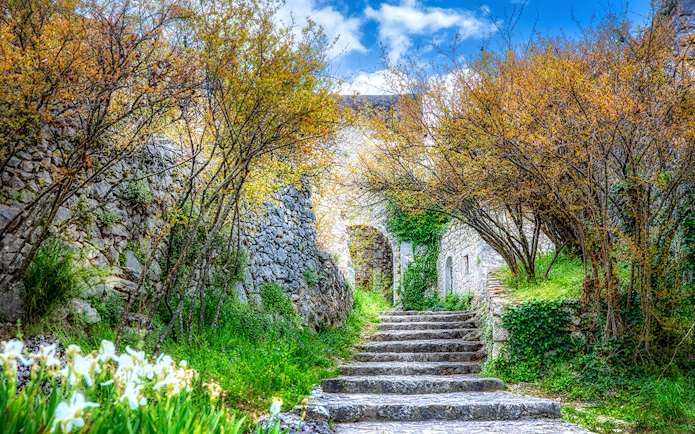 Steps along the walking path in the historic village of Pocitelj, Bosnia and Herzegovina.