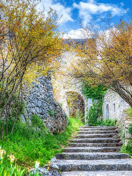 Steps along the walking path in the historic village of Pocitelj, Bosnia and Herzegovina.