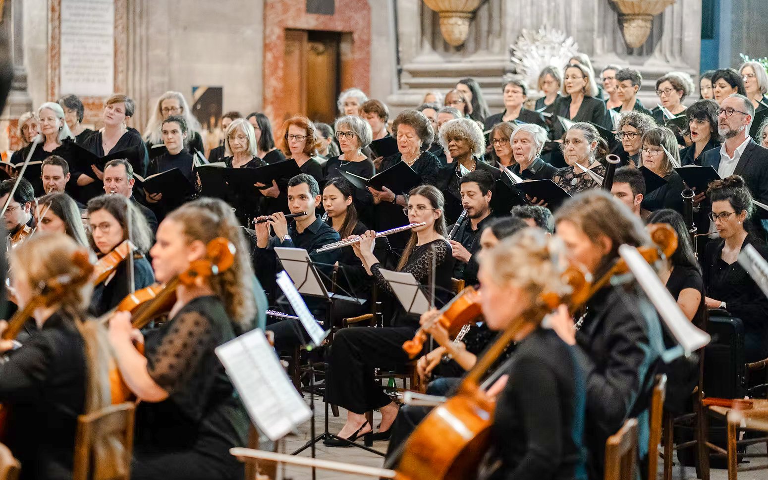 Choir and orchestra performing at Church of St Madeleine, Paris.