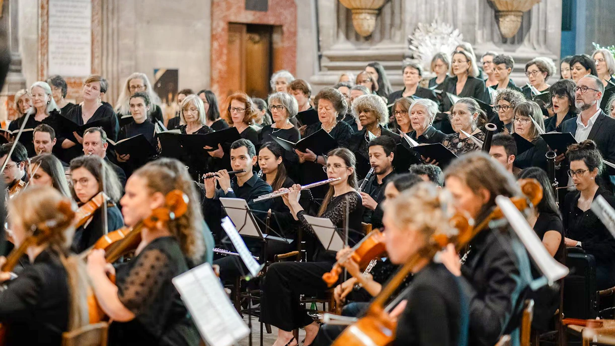 Choir and orchestra performing at Church of St Madeleine, Paris.