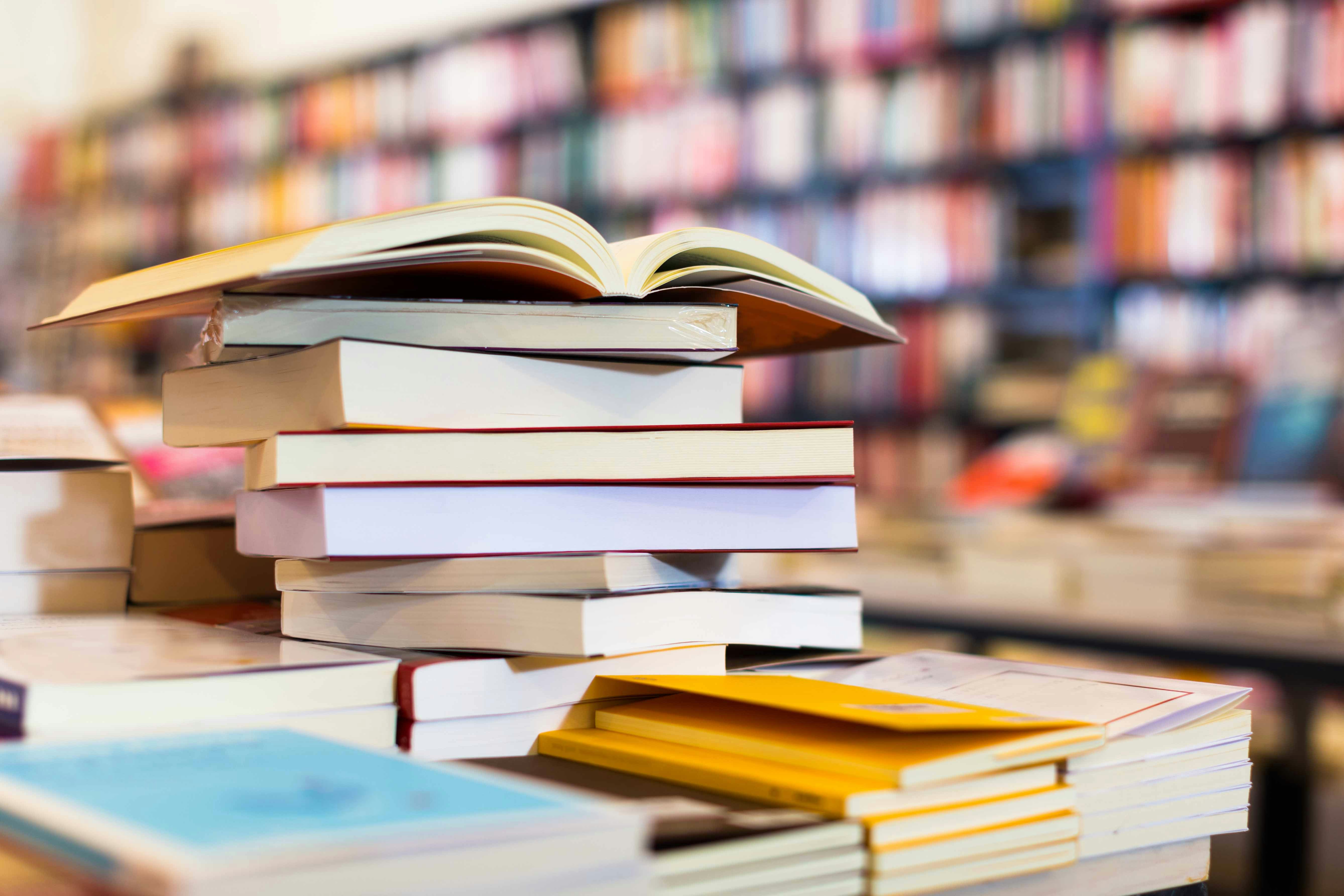 Stack of books in Uffizi book shop, Florence, Italy.