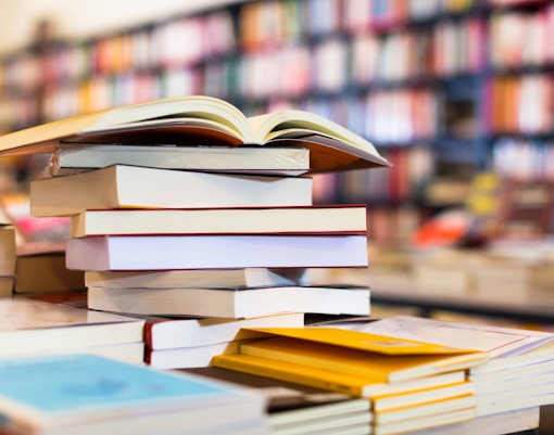 Stack of books in Uffizi book shop, Florence, Italy.