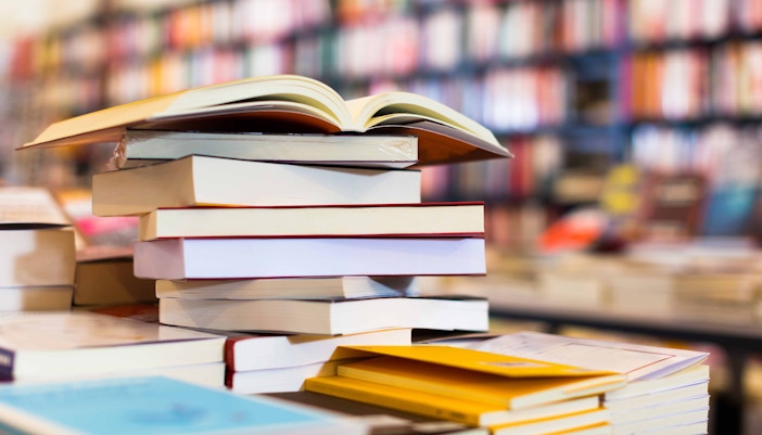 Stack of books in Uffizi book shop, Florence, Italy.