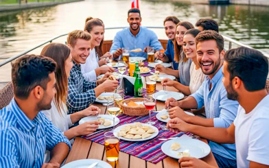 Guests enjoying pierogi tasting on Motława River cruise in Gdansk.