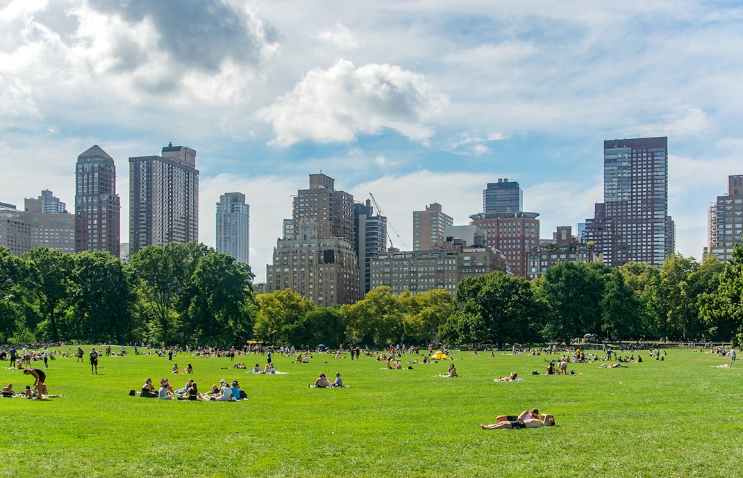 Vista aérea de Central Park con exuberante vegetación y senderos para pasear, Nueva York.
