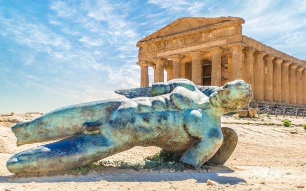 Icarus Statue in front of Temple of Concordia, Valley of Temples, Sicily.