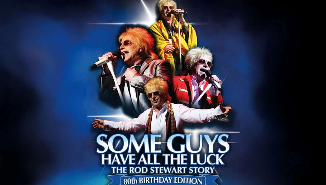 Collage of performers in Rod Stewart tribute show 'Some Guys Have All the Luck' 80th Birthday Edition.