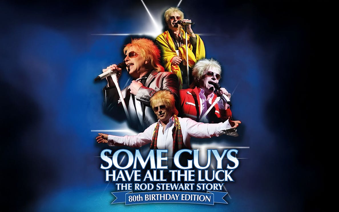 Collage of performers in Rod Stewart tribute show 'Some Guys Have All the Luck' 80th Birthday Edition.