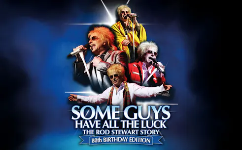 Collage of performers in Rod Stewart tribute show 'Some Guys Have All the Luck' 80th Birthday Edition.