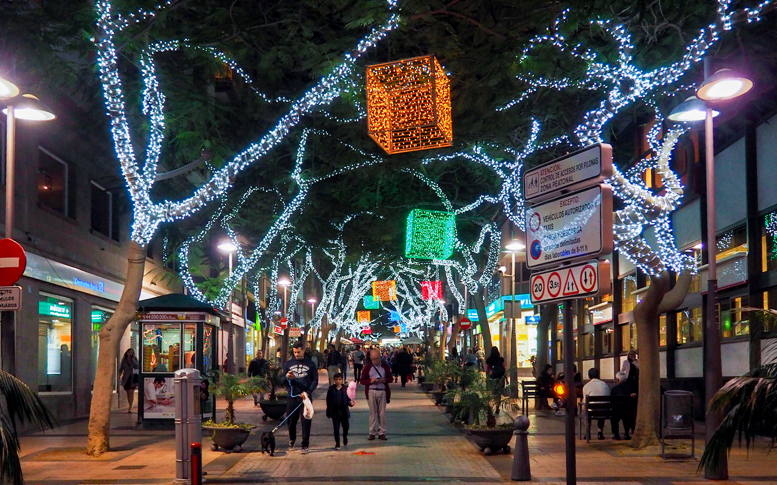 Pedestrian street in Santa Cruz de Tenerife decorated with Christmas lights at night.