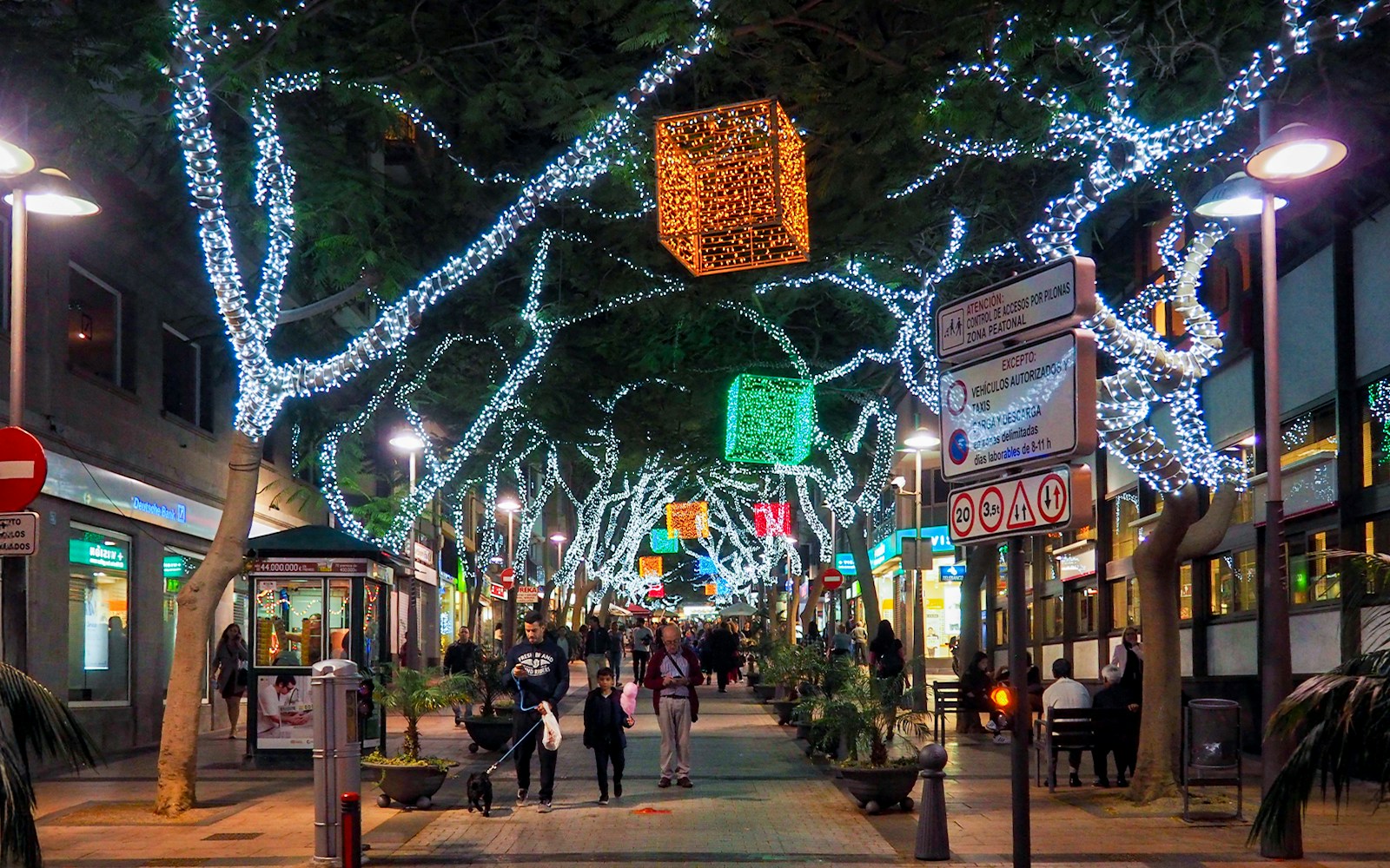 Pedestrian street in Santa Cruz de Tenerife decorated with Christmas lights at night.