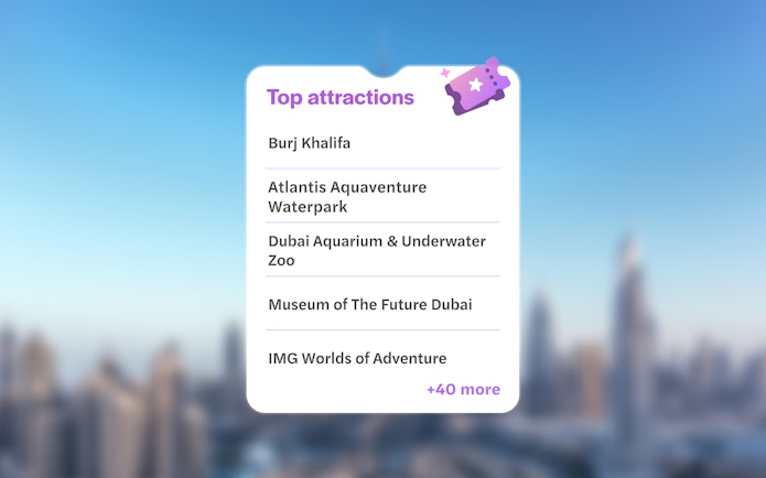 Top attractions in Dubai list featuring Burj Khalifa.
