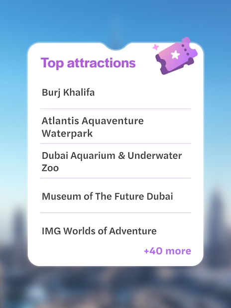 Top attractions in Dubai list featuring Burj Khalifa.