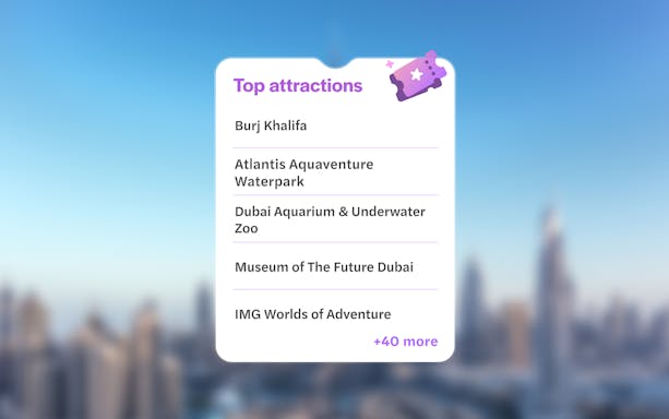 Top attractions in Dubai list featuring Burj Khalifa.