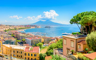 Gulf of Naples view from Posillipo hill with Mount Vesuvius in the background.