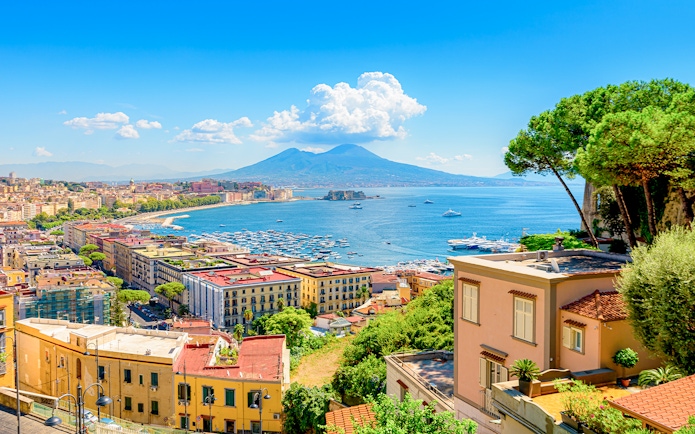 Gulf of Naples view from Posillipo hill with Mount Vesuvius in the background.