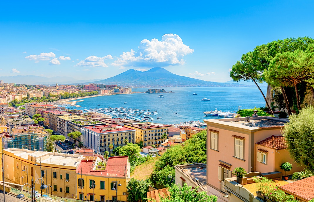 Gulf of Naples view from Posillipo hill with Mount Vesuvius in the background.
