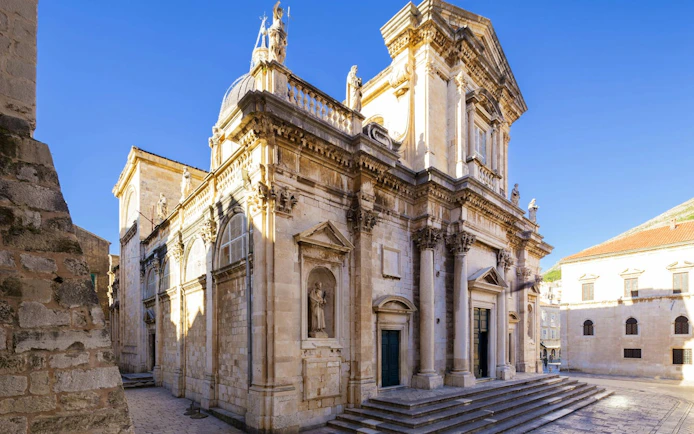 Dubrovnik Cathedral exterior with baroque architecture in Dubrovnik, Croatia.
