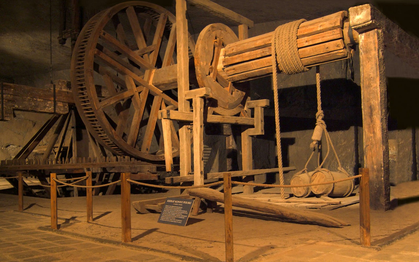 Wooden pulley system in Wieliczka Salt Mine, Poland, part of a 2-day guided tour.