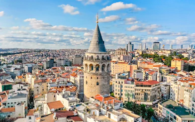 Galata Tower overlooking Istanbul cityscape, Turkey.