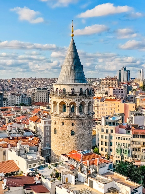 Galata Tower overlooking Istanbul cityscape, Turkey.