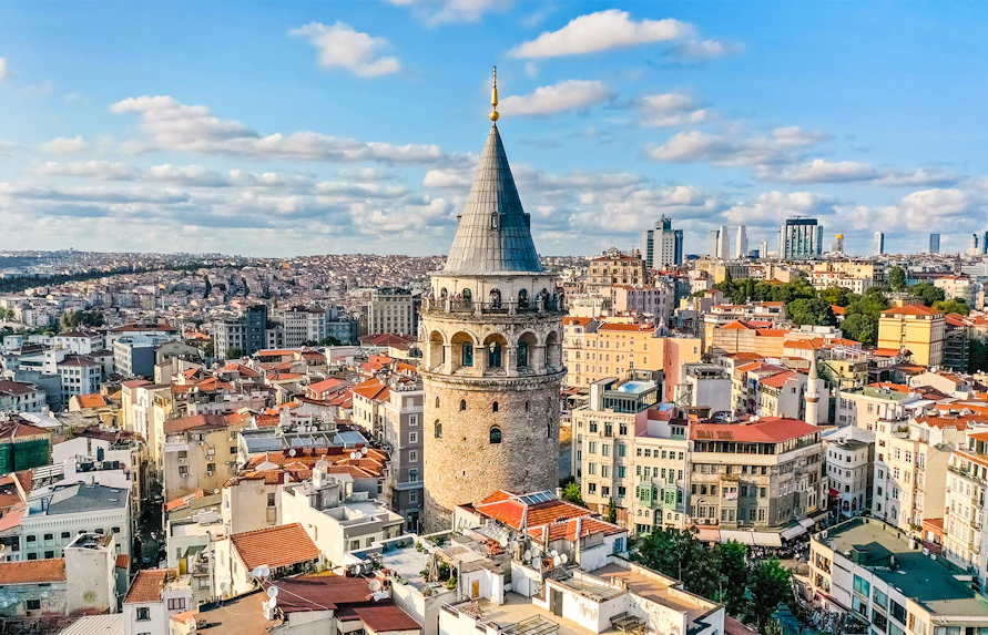 Galata Tower overlooking Istanbul cityscape, Turkey.