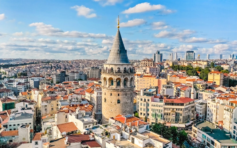 Galata Tower overlooking Istanbul cityscape, Turkey.