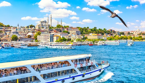 Hop-on-hop-off boat on the Bosphorus with Istanbul skyline and mosque in the background.